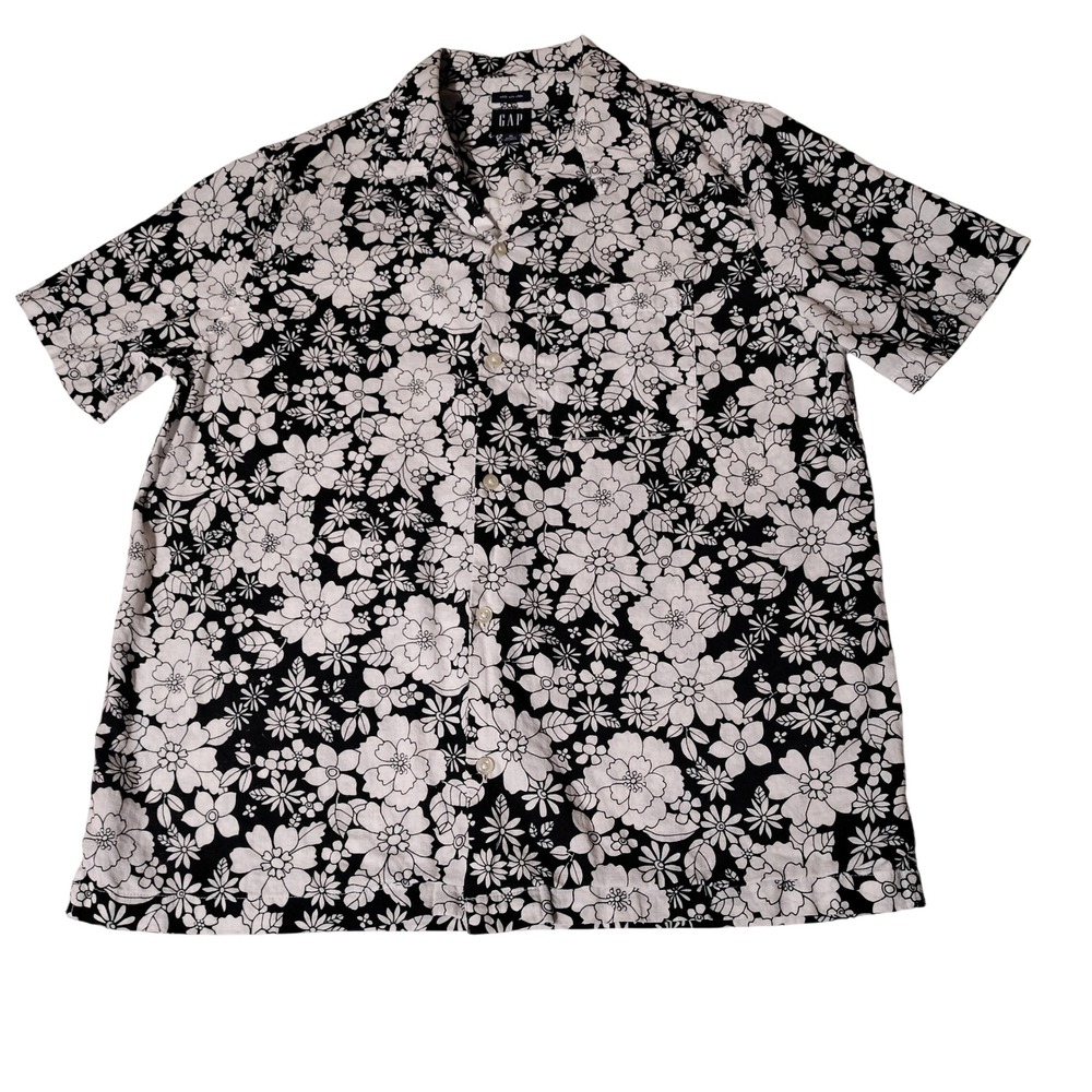 GAP Mens Linen Cotton Blend Short Sleeve Button Up Shirt Sz M Black White Floral